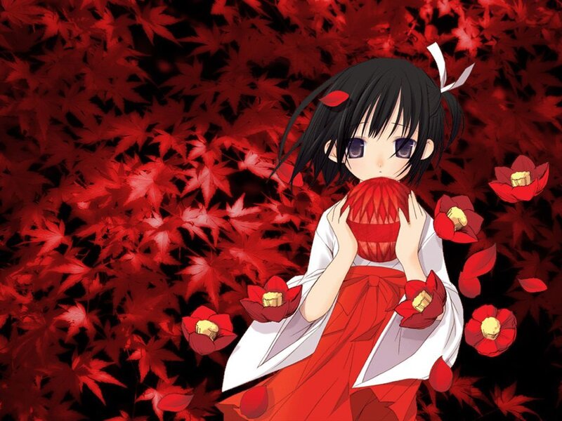 anime girl with red maple leaves