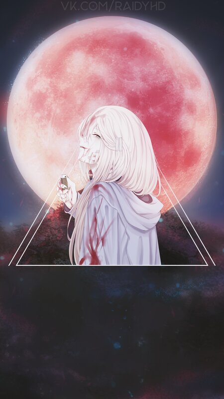 Anime Girl with Red Moon — Dramatic, Night