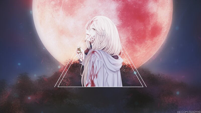 Anime Girl with Red Moon — White