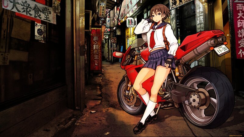 Anime girl with red motorcycle