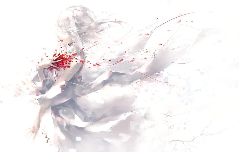 Anime Girl with Red Petals — White