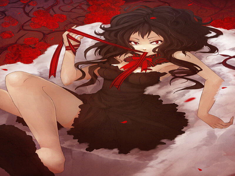 Anime Girl with Red Ribbon — Black