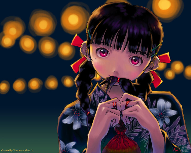 Anime Girl with Red Ribbons — Black, Calm