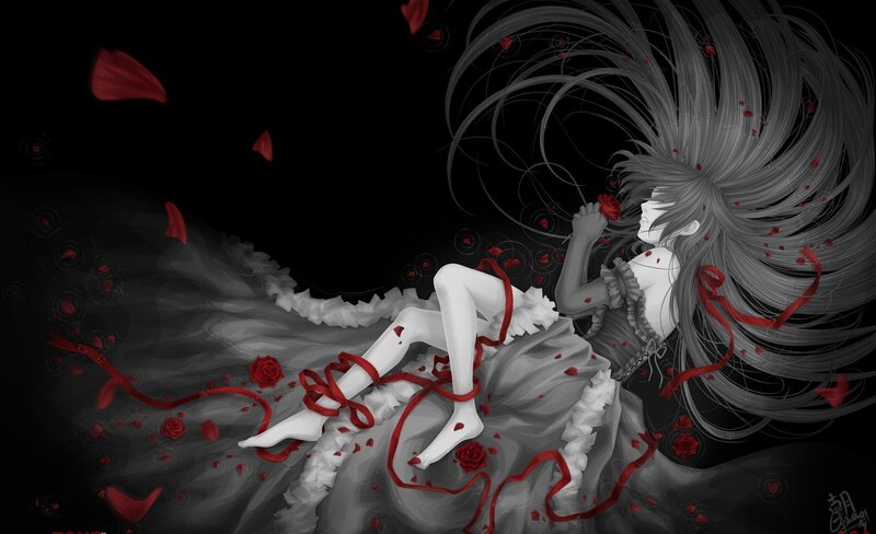 Anime Girl with Red Ribbons — Black