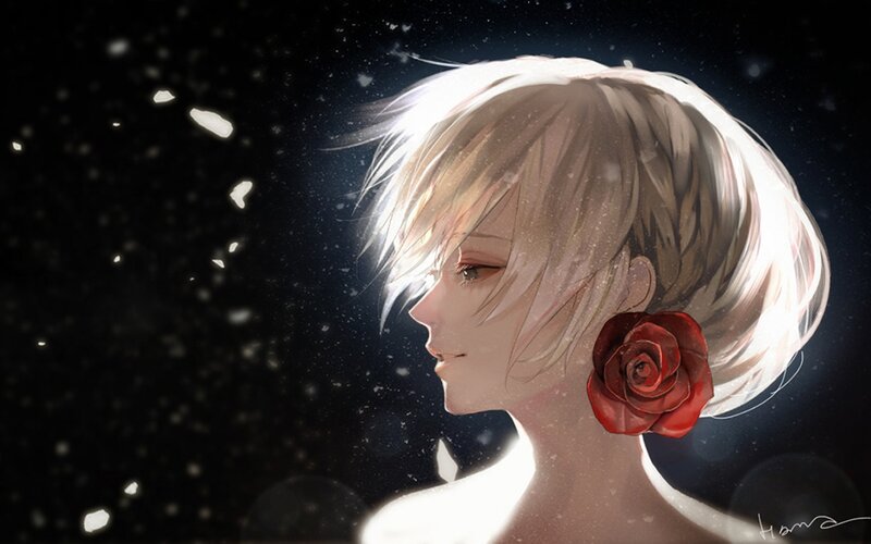Anime Girl with Red Rose — White