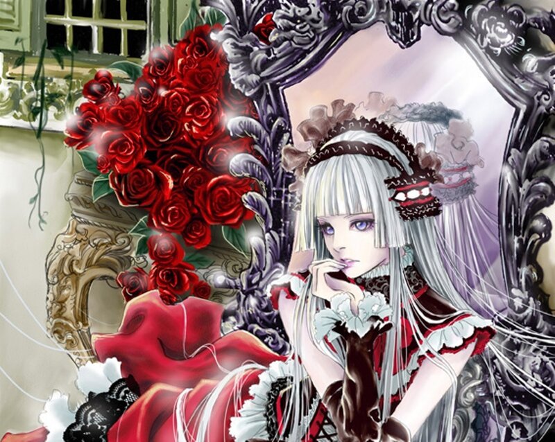 anime girl with red roses