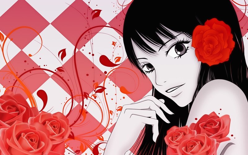 anime girl with red roses