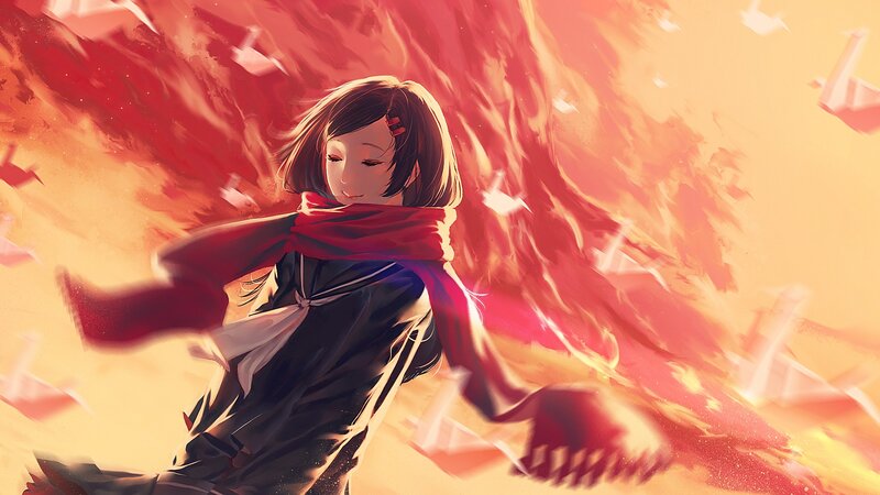 anime girl with red scarf