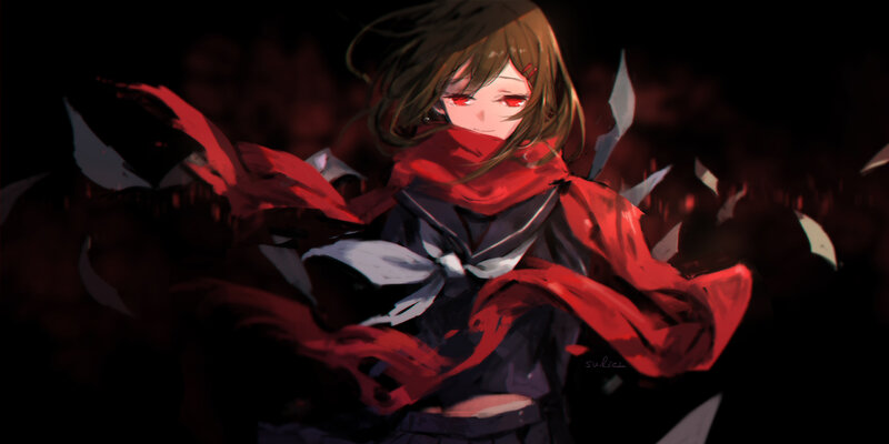 Anime Girl with Red Scarf — Black, Dramatic, Night, Digital Art, Red Scarf