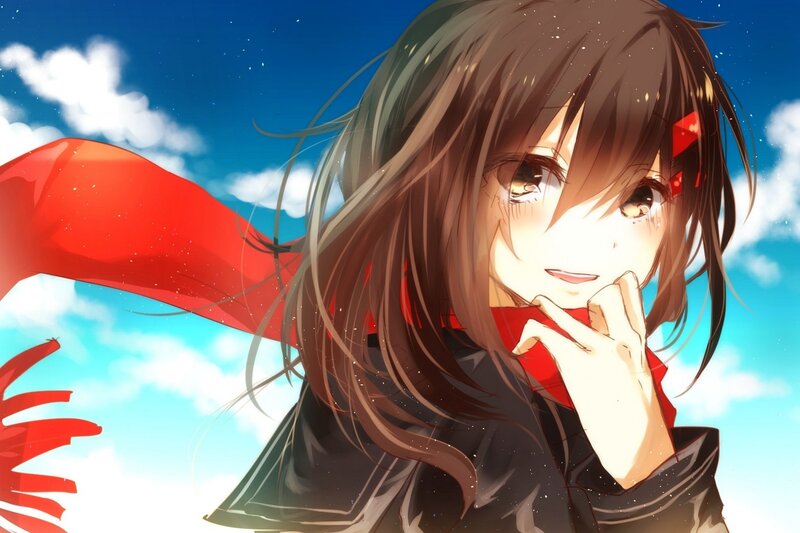 Anime Girl with Red Scarf — Blue, Serene