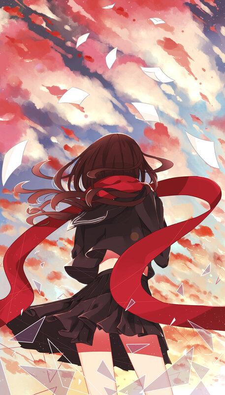 Anime Girl with Red Scarf — Dramatic, Sunset, Digital Art