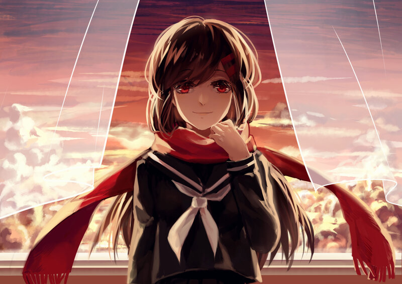 Anime Girl with Red Scarf — Dramatic, Sunset