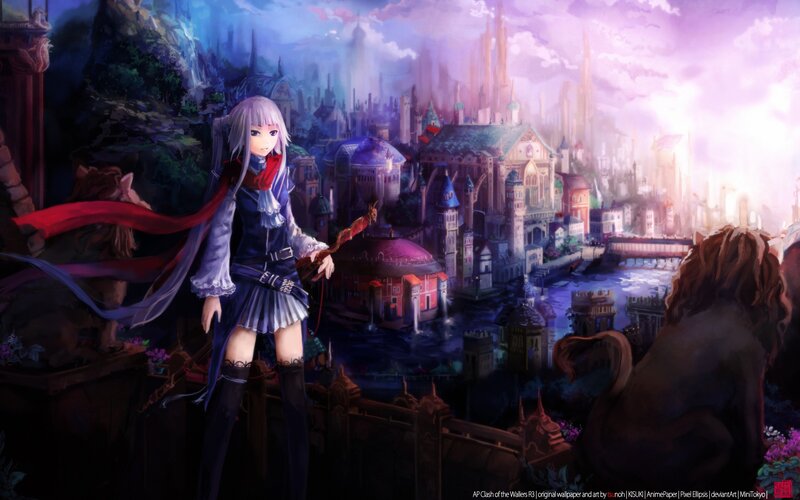Anime Girl with Red Scarf — Purple, Dramatic, Sunset, Digital Art