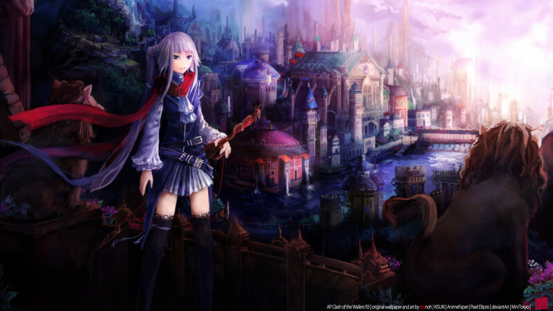 Anime Girl with Red Scarf — Purple, Dramatic, Sunset