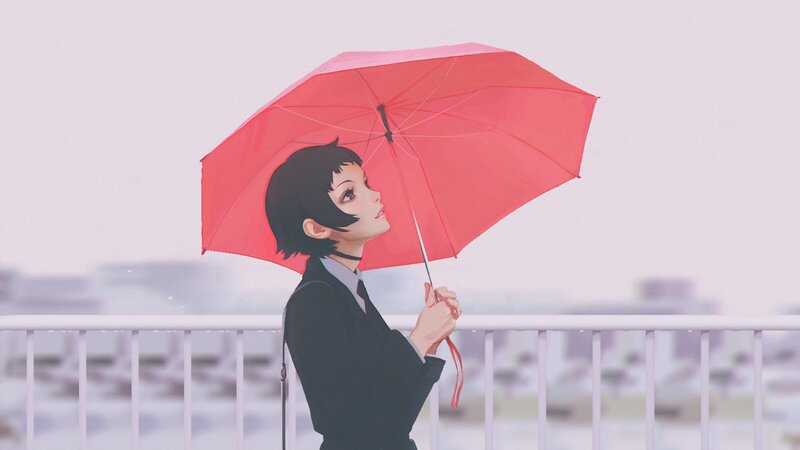 Anime Girl with Red Umbrella — Calm, Digital Art, Rail