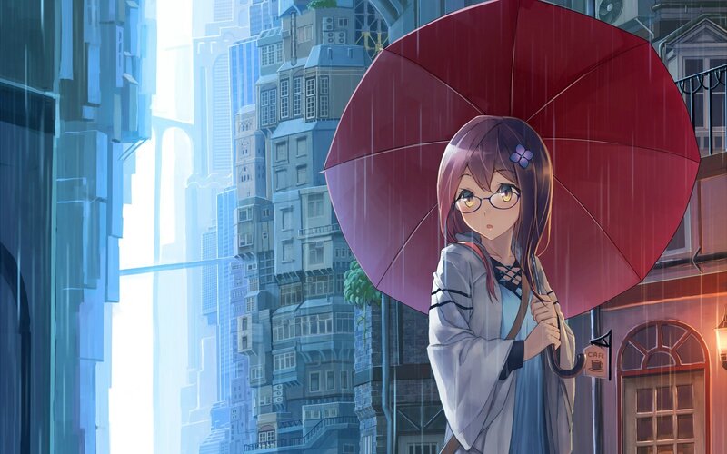 Anime Girl with Red Umbrella — Calm, Night