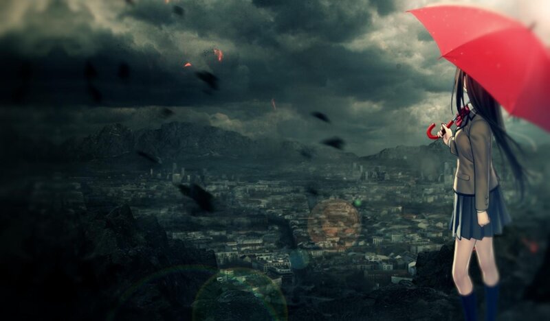 Anime Girl with Red Umbrella — Dramatic, Digital Art