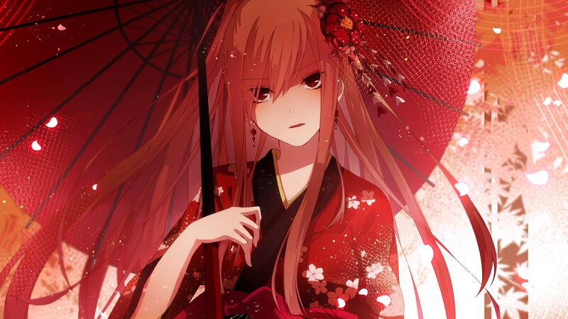 Anime Girl with Red Umbrella — Dramatic, Spring, Kimono
