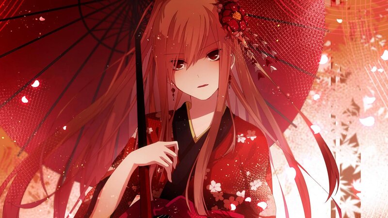 Anime Girl with Red Umbrella — Dramatic, Spring