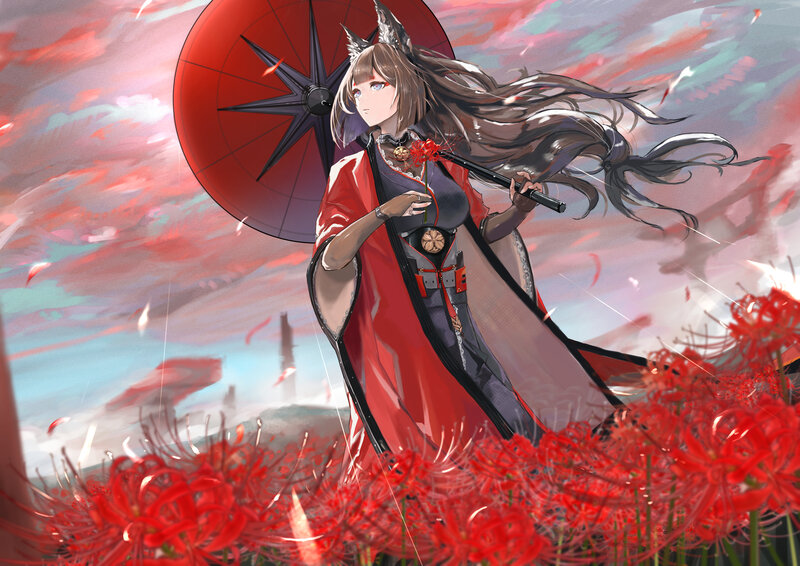 Anime Girl with Red Umbrella — Dramatic, Sunset
