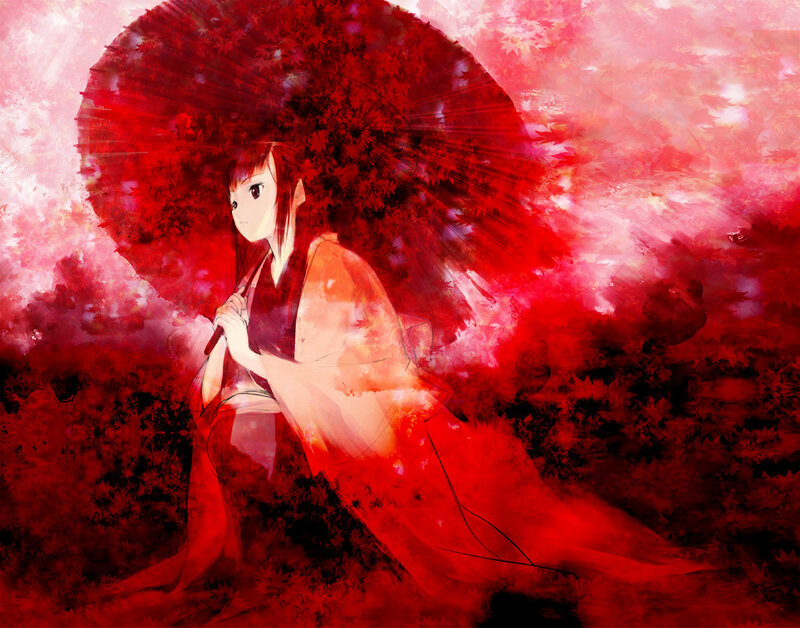 Anime Girl with Red Umbrella — Dramatic