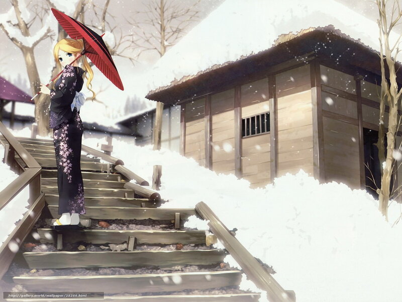 Anime girl with red umbrella in snow
