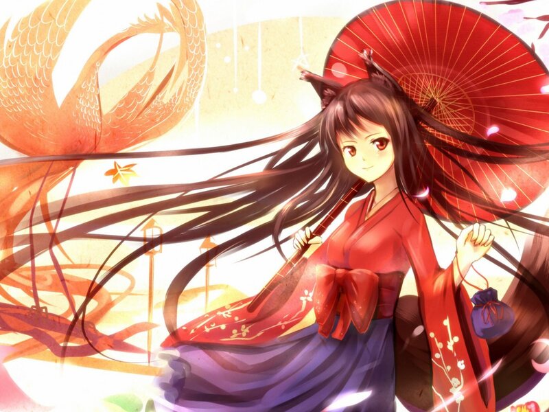 Anime Girl with Red Umbrella — Serene, Autumn, Digital Art