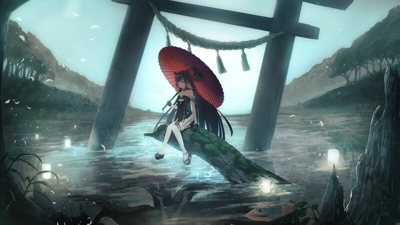 Anime Girl with Red Umbrella — Serene, Night, Digital Art