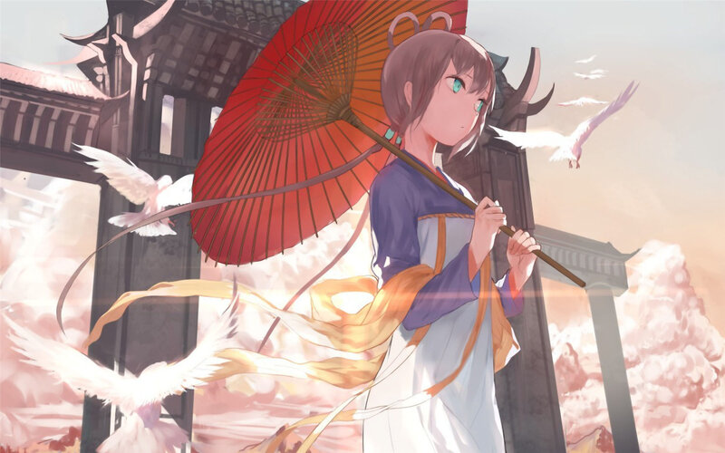 Anime Girl with Red Umbrella — Serene, Sunset
