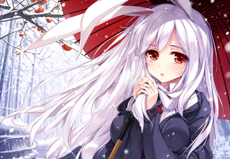 Anime Girl with Red Umbrella — White, Serene