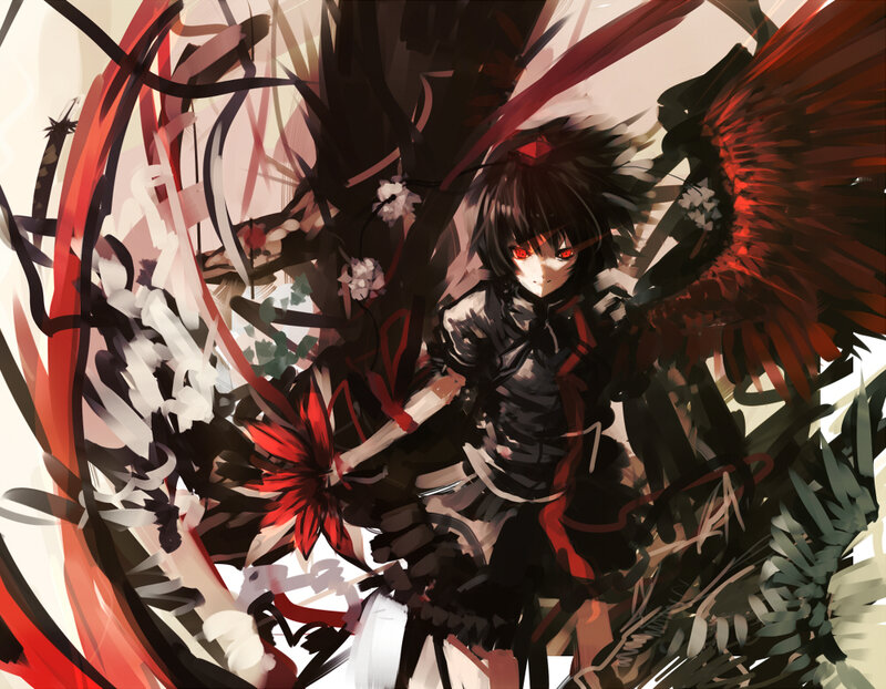 Anime Girl with Red Wings — Black, Dramatic, Digital Art, Red Eyes