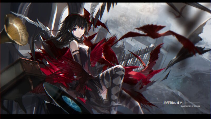 Anime Girl with Red Wings — Black, Dramatic
