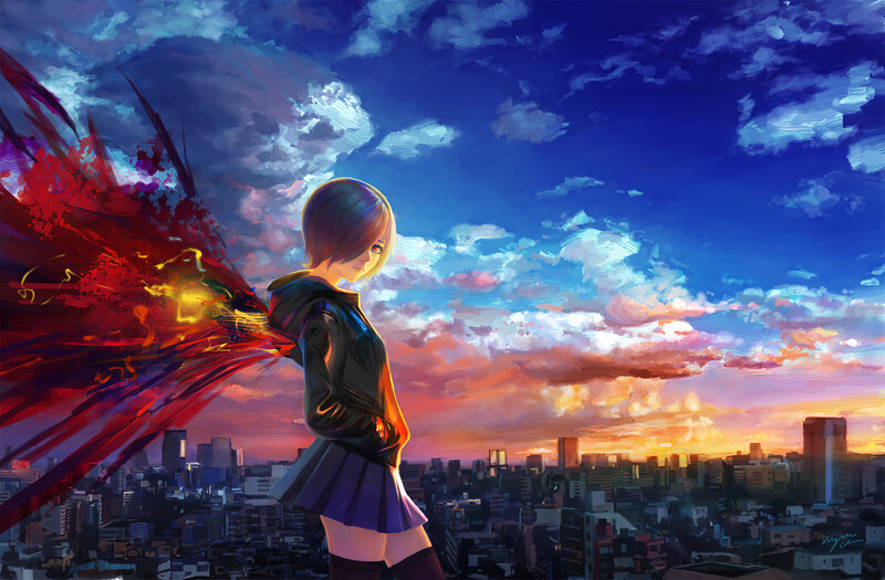 Anime Girl with Red Wings — Blue, Dramatic, Sunset
