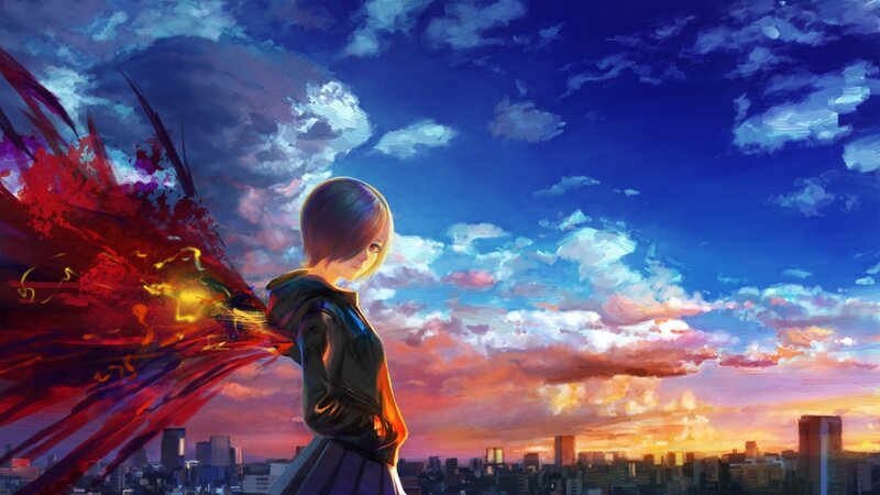Anime Girl with Red Wings — Blue, Dramatic