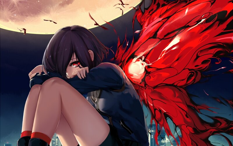 Anime Girl with Red Wings — Dramatic, Night, Digital Art, Moon