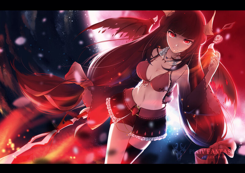 Anime Girl with Red Wings — Dramatic, Night, Digital Art, Skull Staff