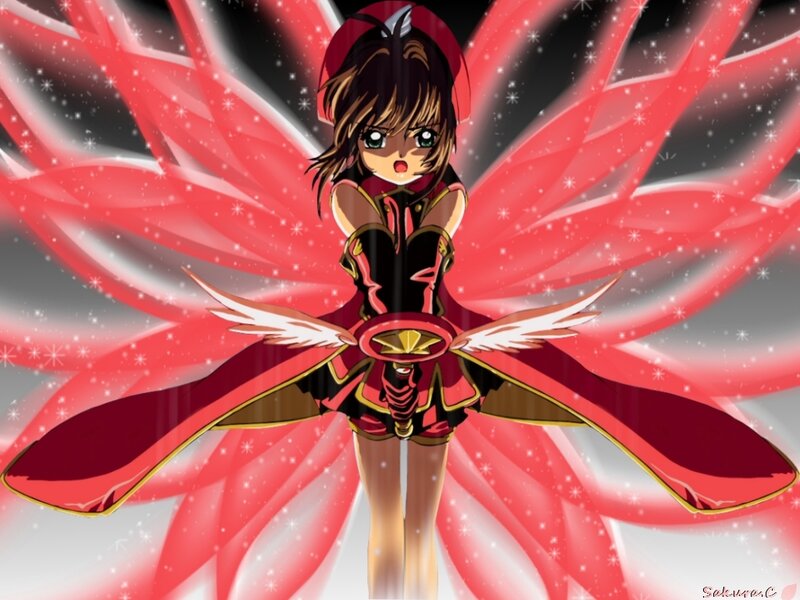 Anime Girl with Red Wings — Dramatic, Sparkles