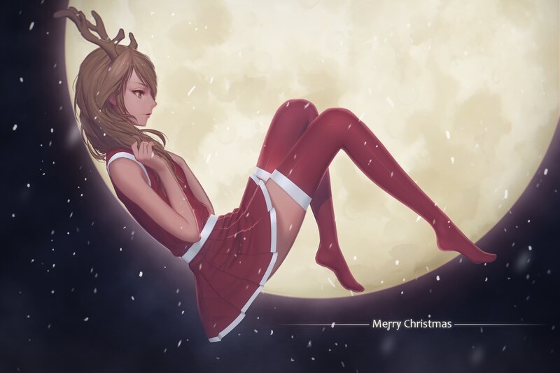 Anime Girl with Reindeer Antlers — Red, Serene