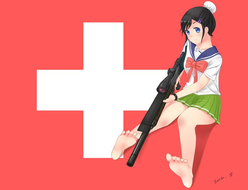 anime girl with rifle and flag