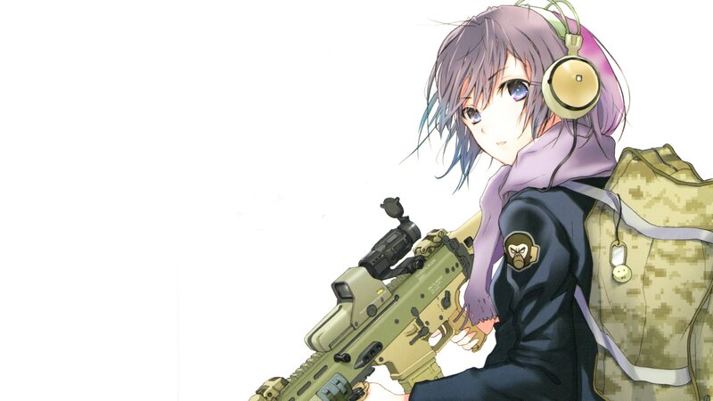 anime girl with rifle and headphones