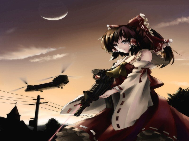 Anime girl with rifle and helicopter