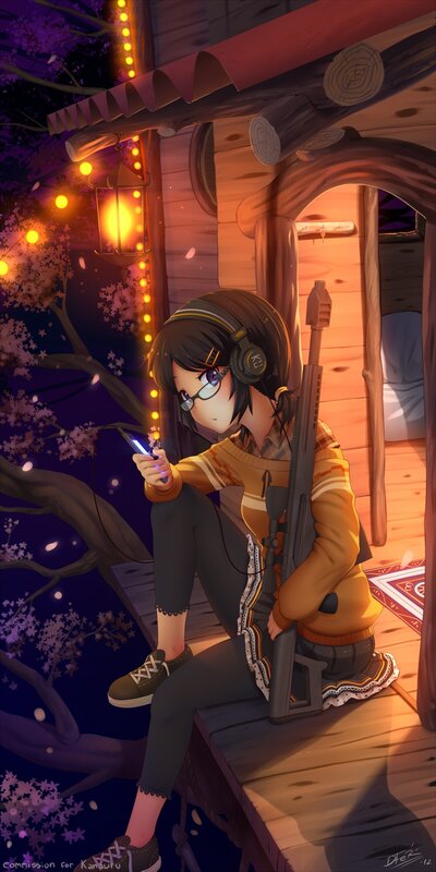 Anime girl with rifle at night