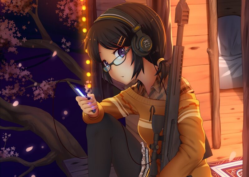 Anime girl with rifle at night