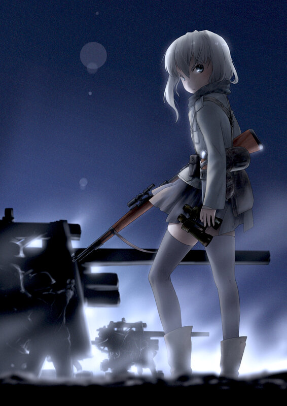 anime girl with rifle at night