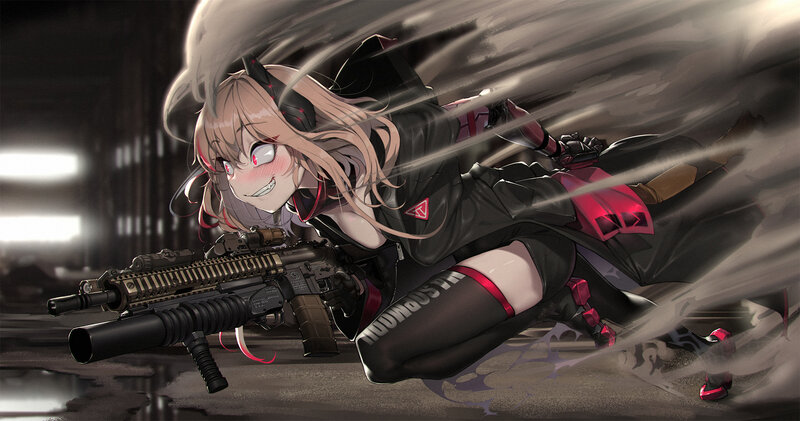 Anime Girl with Rifle — Black, Action, Digital Art, Smoke