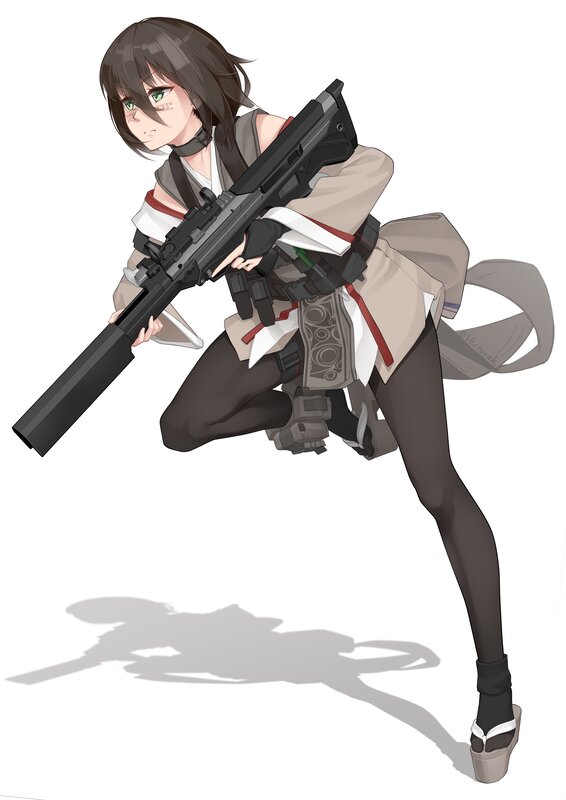 Anime Girl with Rifle — Black, Action, Digital Art, Tights