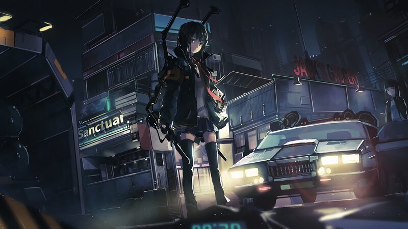 Anime Girl with Rifle — Black, Dark, Night