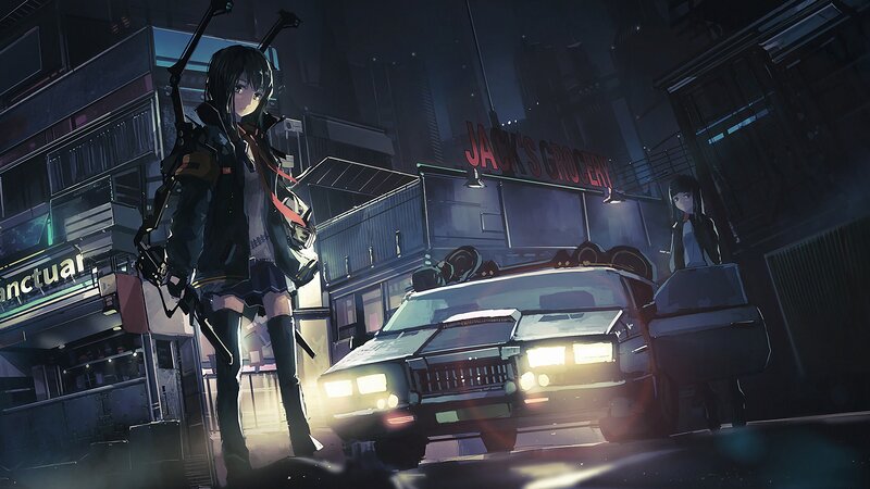 Anime Girl with Rifle — Black, Dark