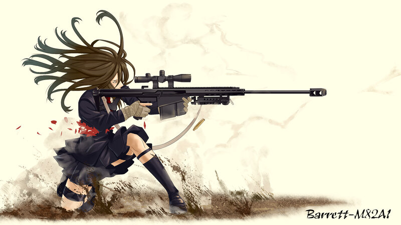 Anime Girl with Rifle — Black, Dramatic, Digital Art, Blood Splatter, Bullet