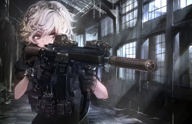 Anime Girl with Rifle — Black, Dramatic, Digital Art, Building